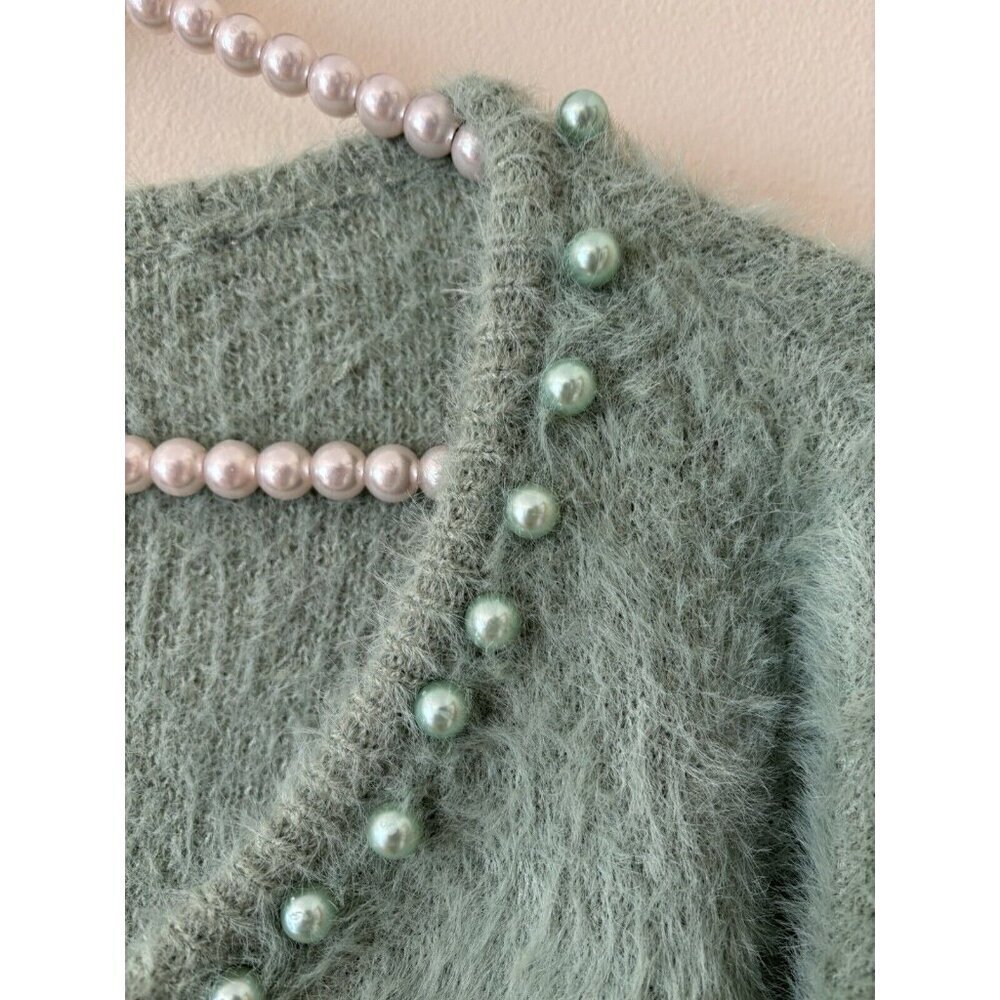 Nwt Listicle Womens Size S Green Fuzzy Sweater Beaded Trim — image 3 of 7
